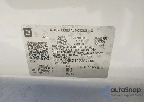 2018 Chevrolet Silverado 1500 2Lt из США, поврежденный, VIN 1GCVKREC1JZ382169